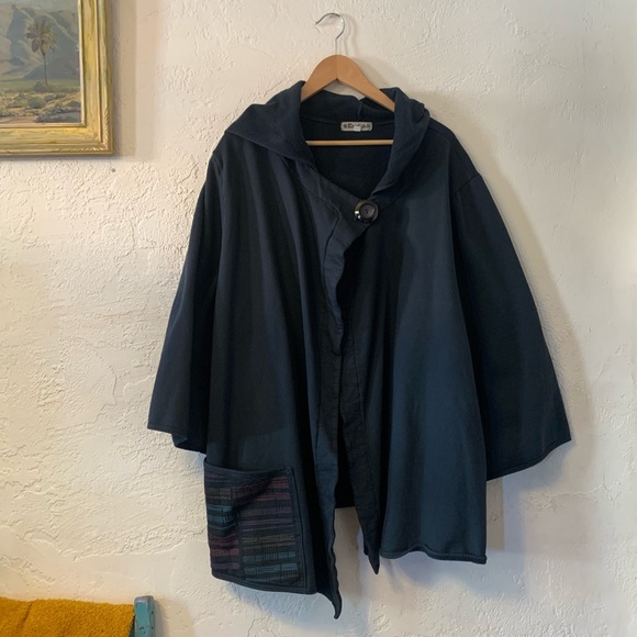 Blue Fish Jackets & Blazers - VTG BLUE FISH COAT TOPPER 2 COTTON KNIT HANDPAINTED BUTTON HOODED LAGENLOOK USA